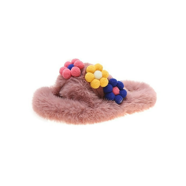 Woobling Ladies Slide Sandals Flat Plush Slipper Slip On Fuzzy Slippers Home Non-slip Open Toe Fluffy Slides Pink 5.5