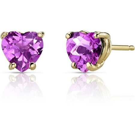 Oravo 2.25 Carat T.G.W. Heart-Shape Created Pink Sapphire 14kt Yellow Gold Stud Earrings