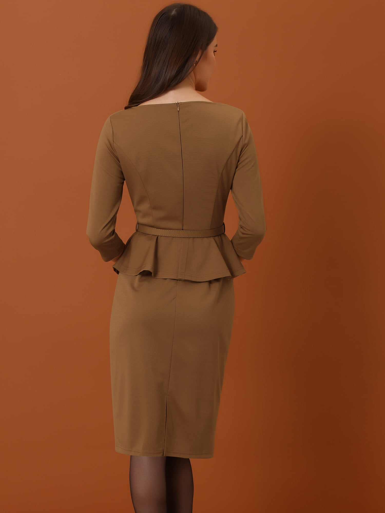 DARING DIVA Peplum Dress Belted Cocktail Sheath Dress XS Brown