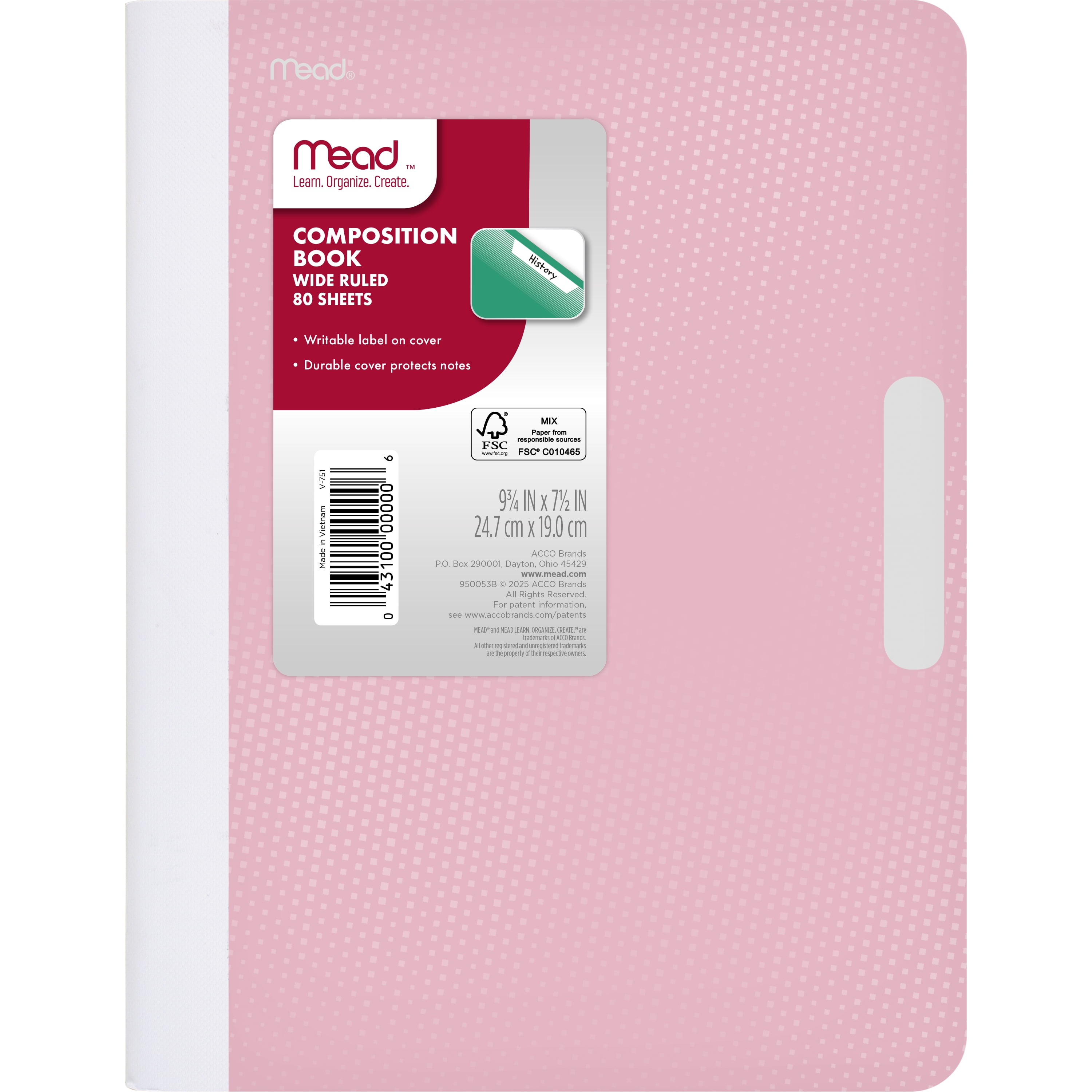 Mead Composition Book, Wide Ruled, 80 Sheets, 7.5" x 9.75", Pastel Pink