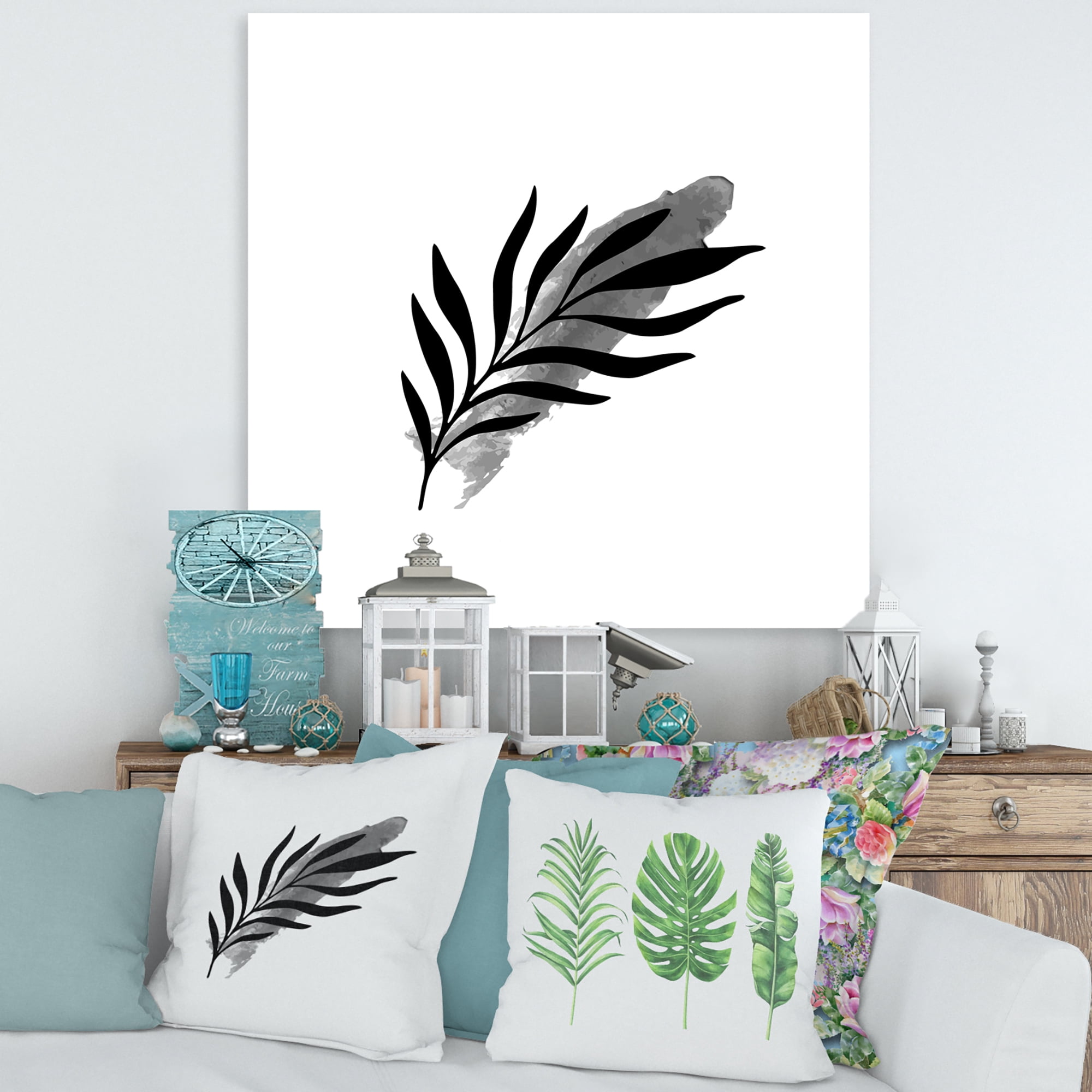 Designart ' Abstract Black Tropical Leaf I ' Modern Canvas Wall Art Print