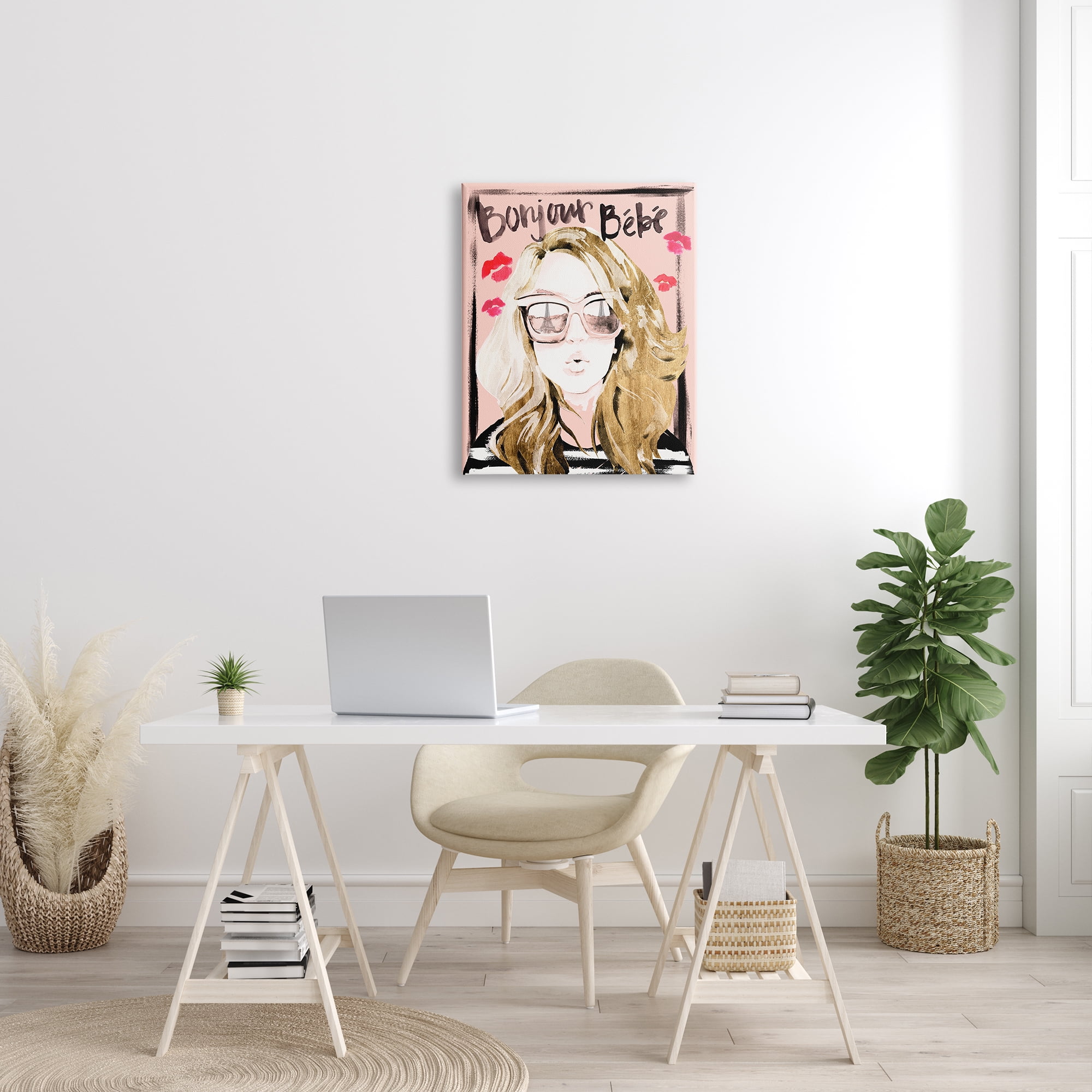 Stupell Industries Bonjour Bebe Sentiment Glam Parisian Woman Pink Shades Beauty & Fashion Painting Gallery Wrapped Canvas Print Wall Art, 24 x 30