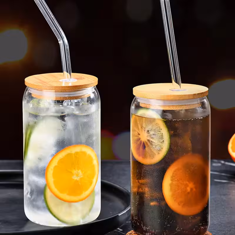 thumbnail image 2 of Vaso de Bebida de 500ml con Tapas y Cucharas Juego de 4 Vidrio con Tapas de Bambú para Café Helado No Contamina el Microondas Seguro para el Hogar, 2 of 6