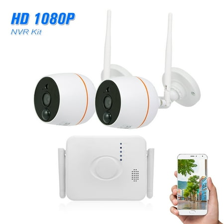 Mini Nvr - 4CH Wifi Mini NVR Kit Video Surveillance TF Card Record with 2PCS 1080P Wireless IP Camera Set Audio PIR Motion Detection Outdoor Waterproof APP Remote Control CCTV Security Camera System
