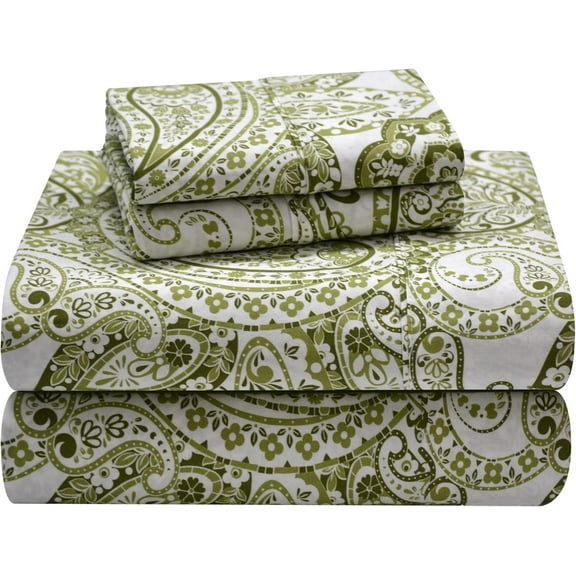 MaxxMarket 100% Cotton Percale Sheets - Printed Bed Sheet & Pillowcase Sets - Soft Cotton Bed Sheets Set - Fits Mattress 18 inches Deep Pocket (Sage, Queen)