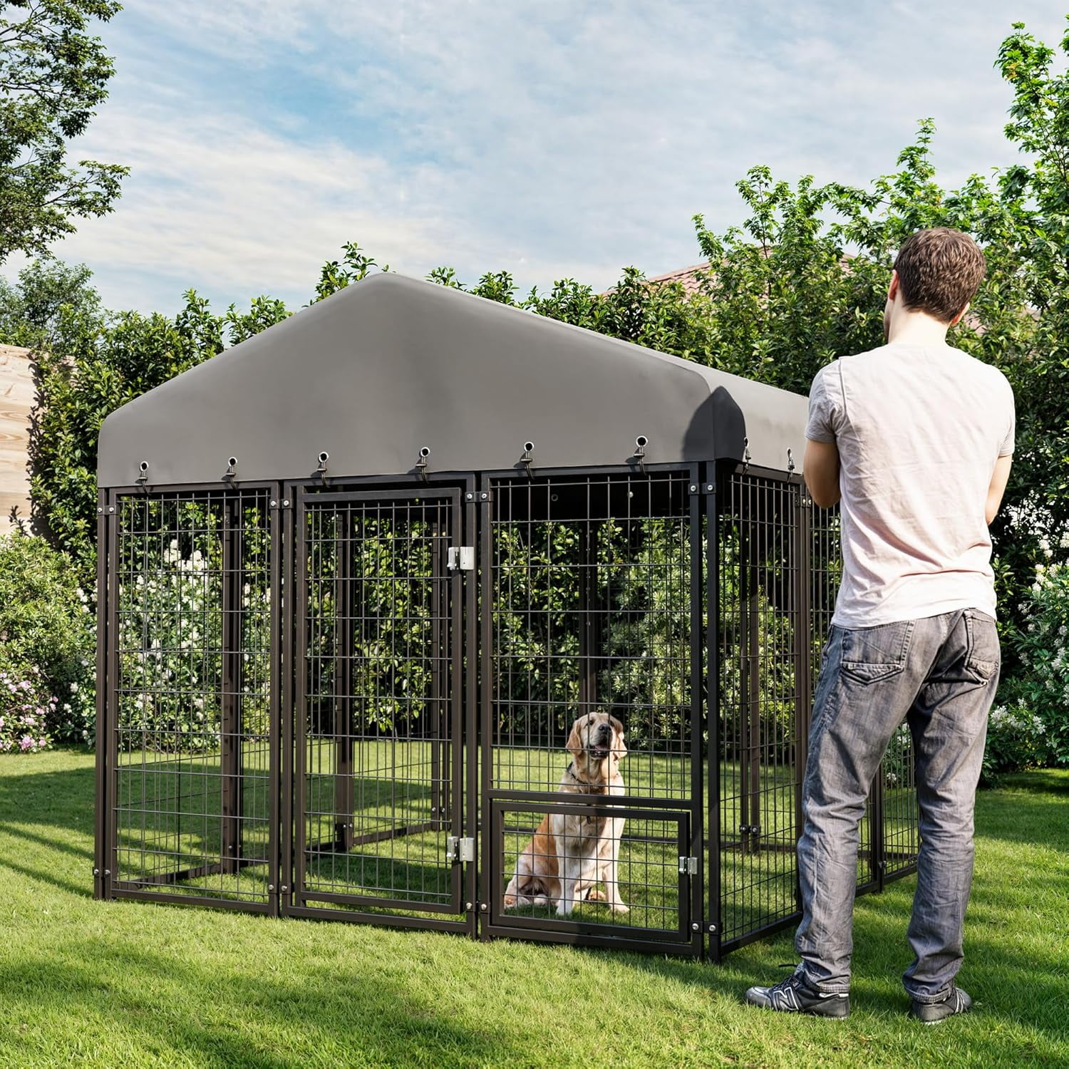 73"x70"x65" Dog Kennel Outside, Large Outdoor Dog Kennel with Feeding Door and Double Lock, Heavy-Duty Weatherproof Dog Cage and Dog Fence with Roof, Dog House Outdoor for Large Dogs, Easy Assembly
