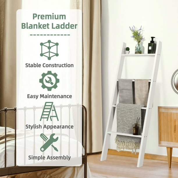 Gymax Wall Leaning Blanket Ladder Wood Decorative Quilt Blankets Holder Rack White