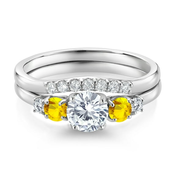 Gem Stone King 10K White Gold White Lab Grown Diamond and Yellow Sapphire 5 Stone Bridal Engagement Wedding Ring Set for Women (0.88 Cttw, Round: 5MM and 3MM, Size 6)