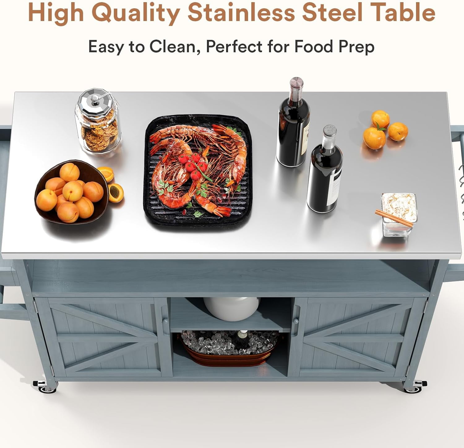 ZIVACATE Outdoor Grill Cart Solid Wood Kitchen Island Stainless Steel Tabletop with Wheels