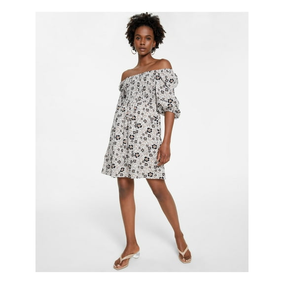BAR III Womens Beige Smocked Pullover Lined Floral 3/4 Sleeve Off Shoulder Short Party Fit   Flare Dress L