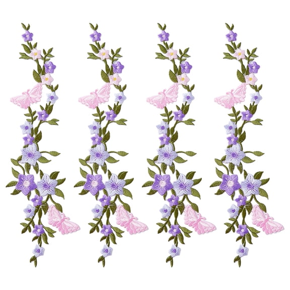 4Pcs Flower Butterfly Embroidered Patches 10.55inch Long Floral Iron on Appliques Purple Flower Embroidery Patches Wisteria Repair Patch DIY