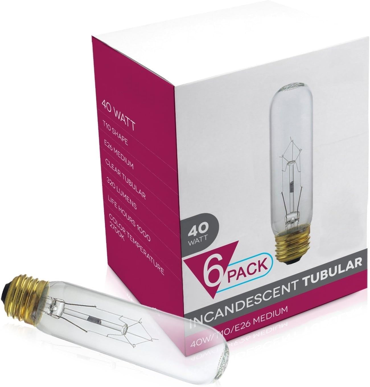 Diodesy- Pack of 6 40T10/CL Incandescent Tubular Light Bulbs, Clear Tube T10 Bulb, 40 Watts, 2600K Warm White, 260 Lumens, E26 Medium Base for Lamps/Office, 120 Volt, 2000Hour, Title 20 Compliant