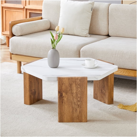 JERFIT 31-inch Modern Hexagon Coffee Table with White Marble Top, Wooden Base for Living Room
