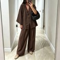 thumbnail image 2 of Womens Cotton Linen Sets 2 Piece Oversized V-neck Loose Top and Wide Leg Pants Sets Casual Vacation Outfits Coffee S, 2 of 6