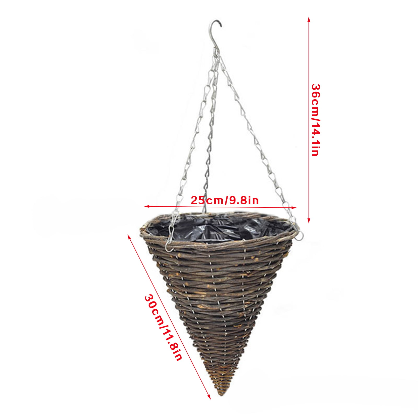 14" SQUARE Wicker Rattan Light Brown Hanging Basket Flower Planter Cone Shape 