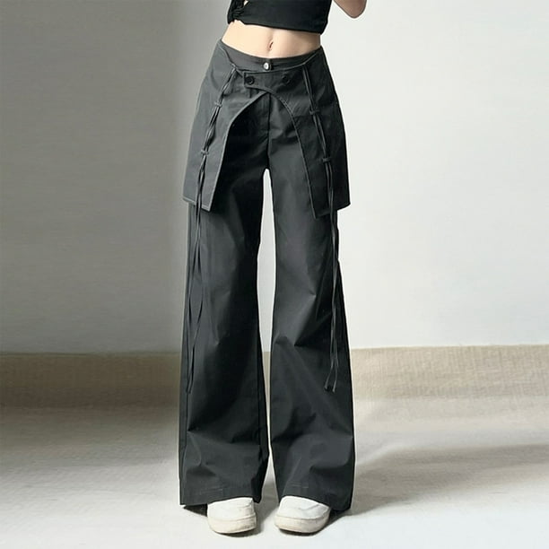 Lutabuo Y2K Baggy Pants Vintage Femmes Rétro Salopette Cordon Noir avec de grandes  poches 