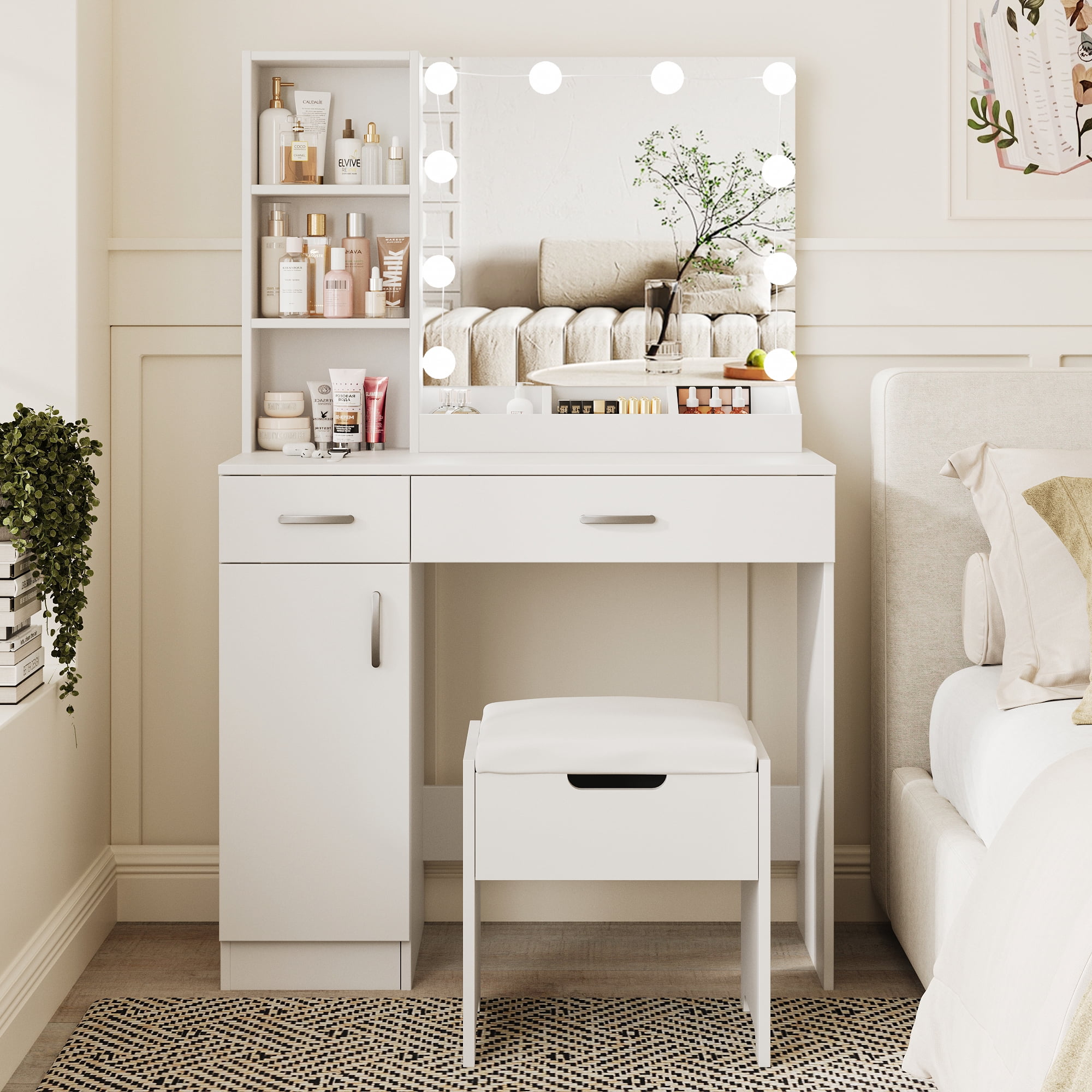 VEANERWOOD Vanity Desk Set with 3 Color Lighted Mirror, Makeup Table with Comfortable Cushioned Stool, Dressing Table Set with 3 Storage Compartments & Large Drawers, White