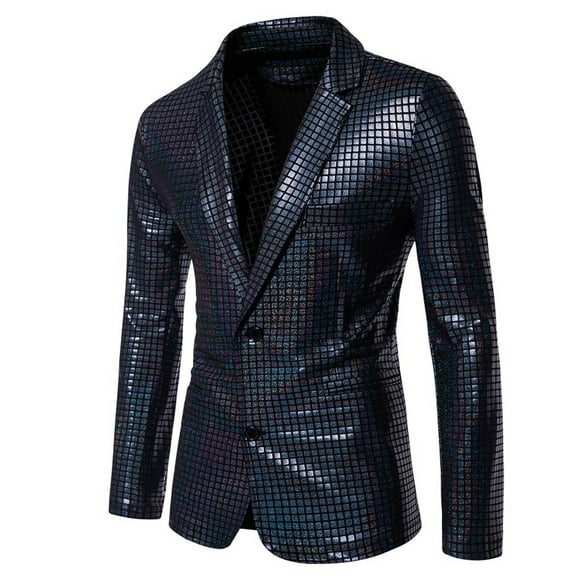 Yaoyar Men Casual Sequin Blazer Jacket Stylish Two Button Dance Dinner Stage Performance Suit Jackets Black XL