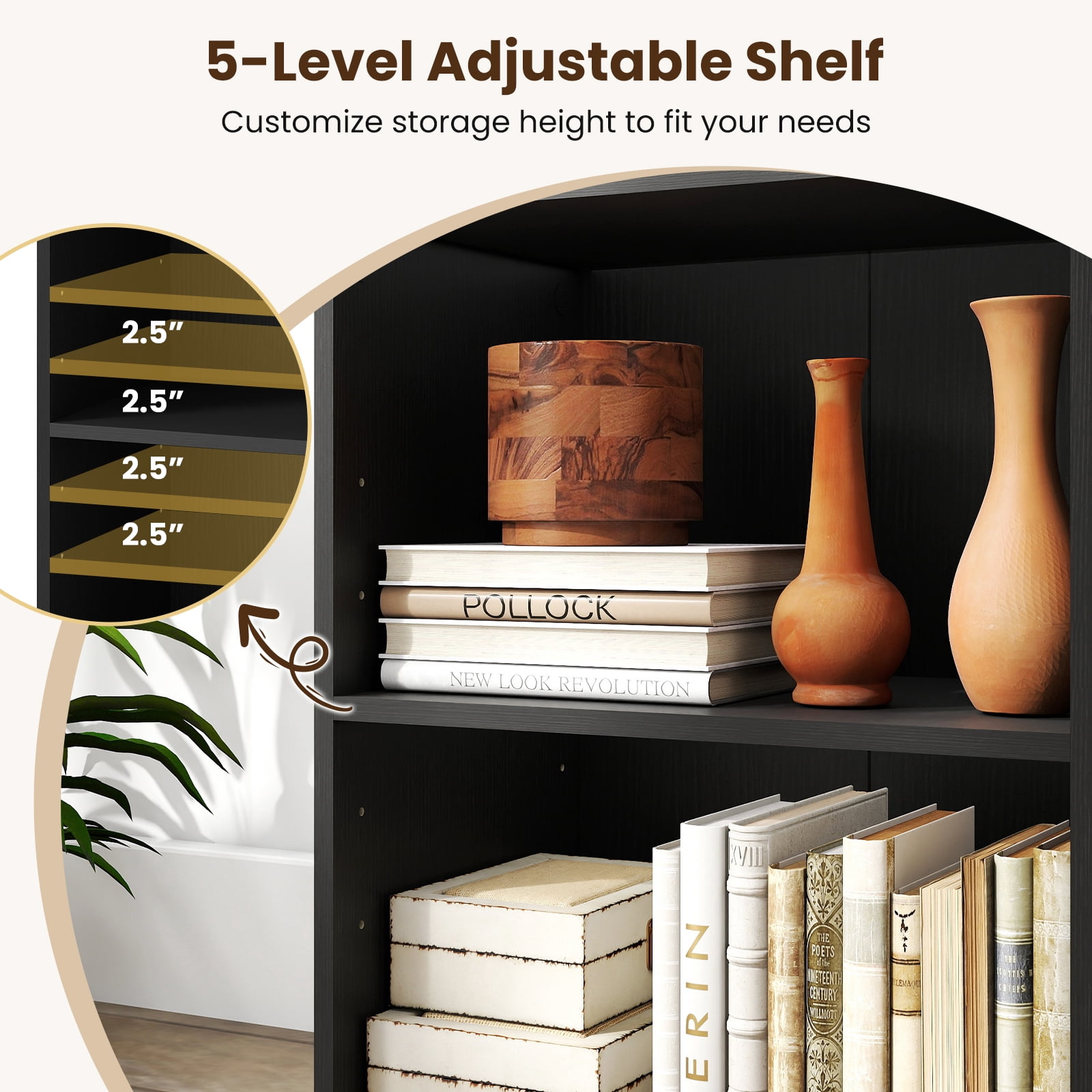 Costway 2-Cube Bookcase with 5-Position Adjustable Shelf, Anti-Toppling Kits for Study Black