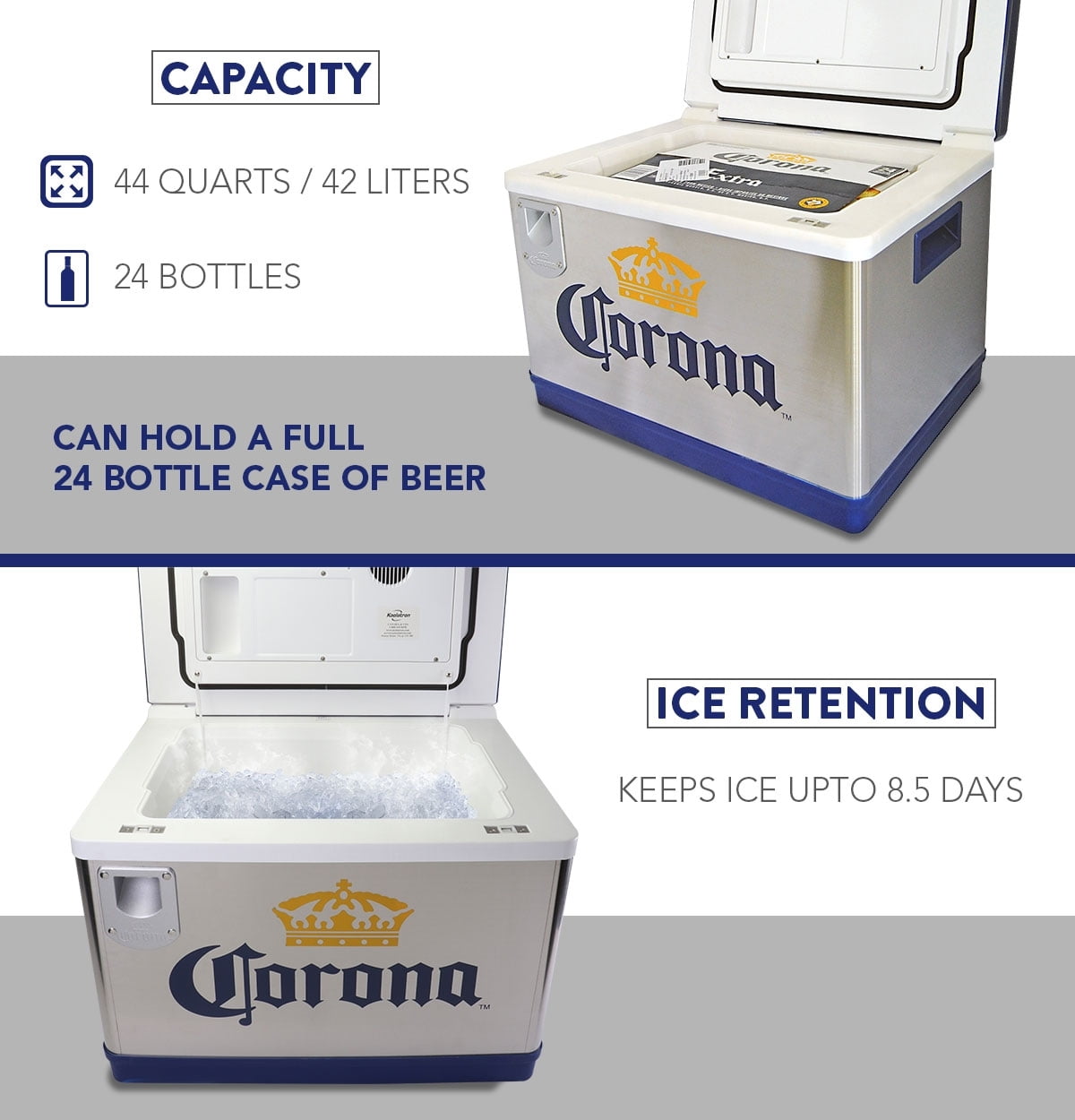 Corona Cruiser 45L (48 qt) Portable Cooler with Bottle Opener, Thermoelectric Travel Fridge, 12V DC/110V AC, Silver and Blue