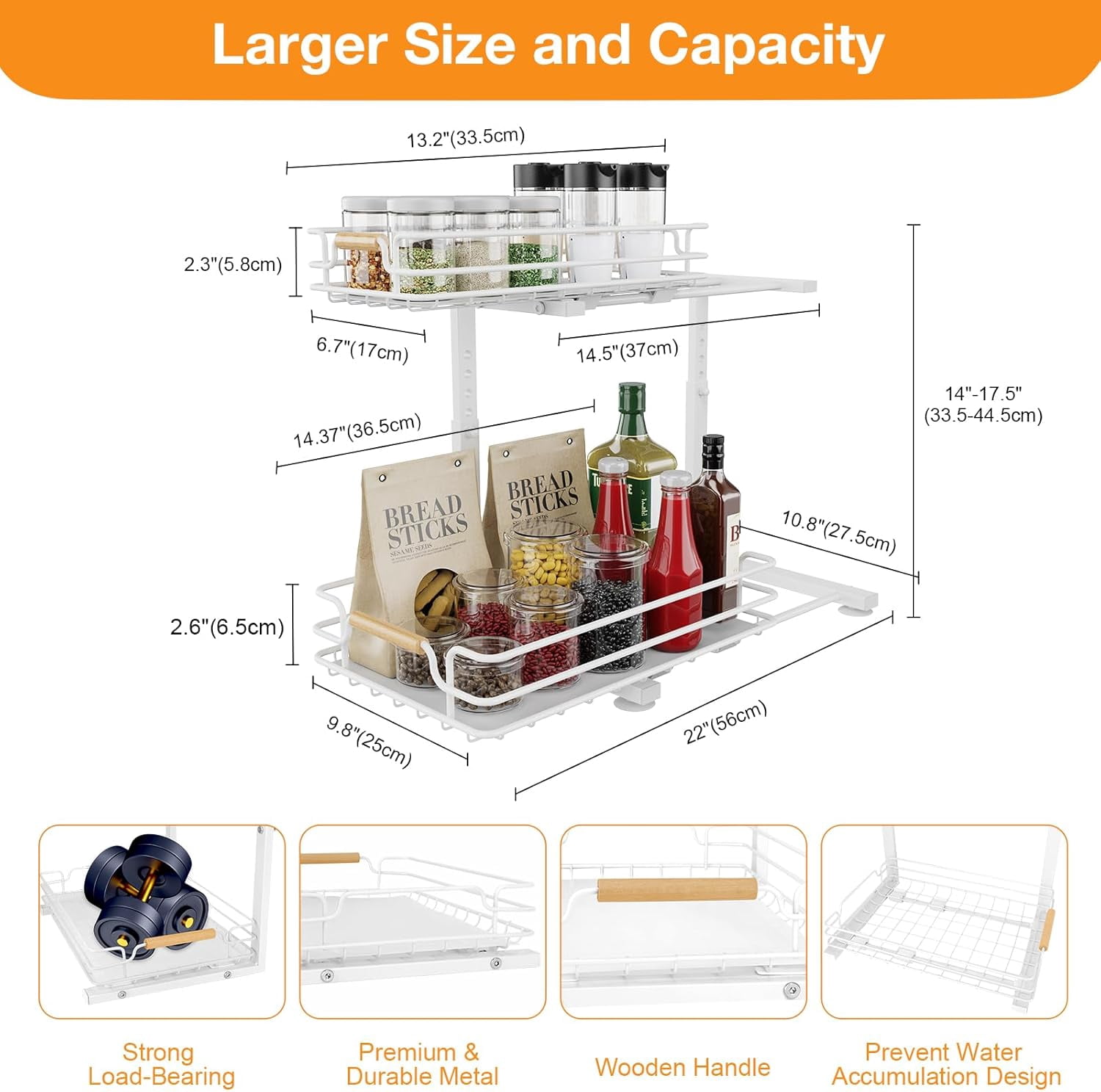 Under Sink Organizer, 2 Tier Pull out Under Kitchen Bathroom Sink Organizer and Storage, Metal Sliding Drawer for Cabinet Pantry Undersink Organizers Shelf (White, 2 Pack)