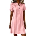 thumbnail image 2 of QUNYINEY Mini Dresses for Women Summer Faux Cotton Linen Short Sleeve Pink A Line Dress V Neck Button Loose Fit Casual Dresses, 2 of 6