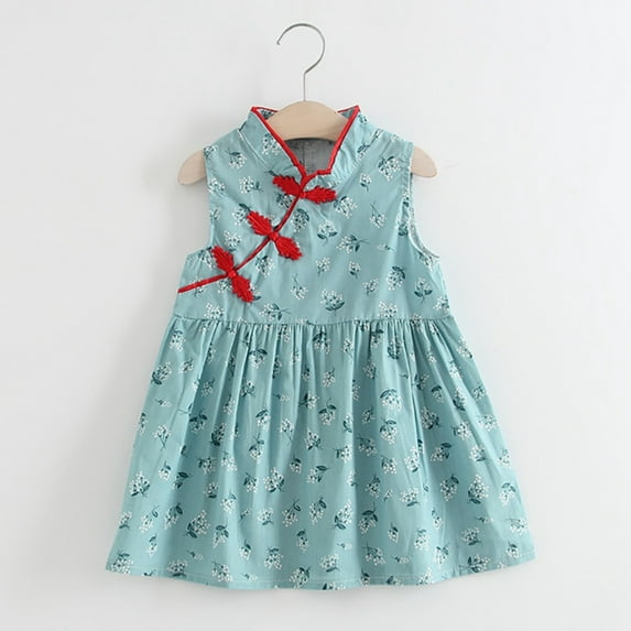 Gyratedream Toddler Baby Girls Sleeveless Floral Chinese Cheongsam Dress Butterfly Buckle Qipao Tradition Clothes, Green
