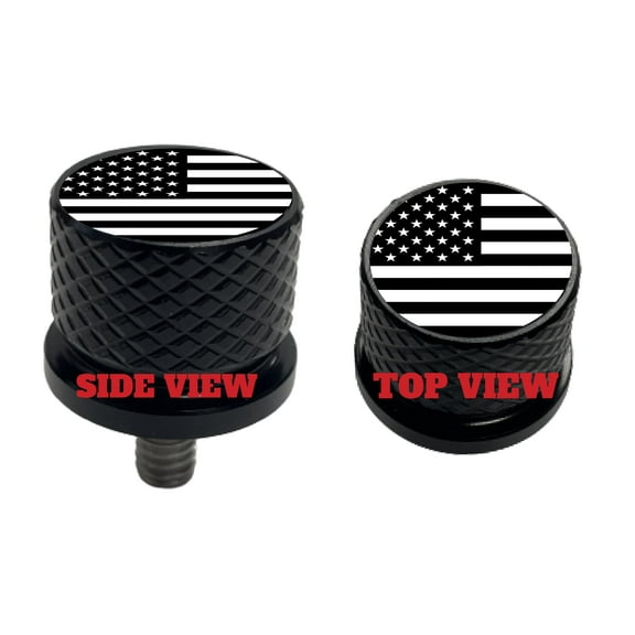 Black and White American Flag Large Knurled Aluminum Rear 1/4-20 Black Seat Bolt Fits Harley Davidson 1996-2024 . Custom Made In the USA