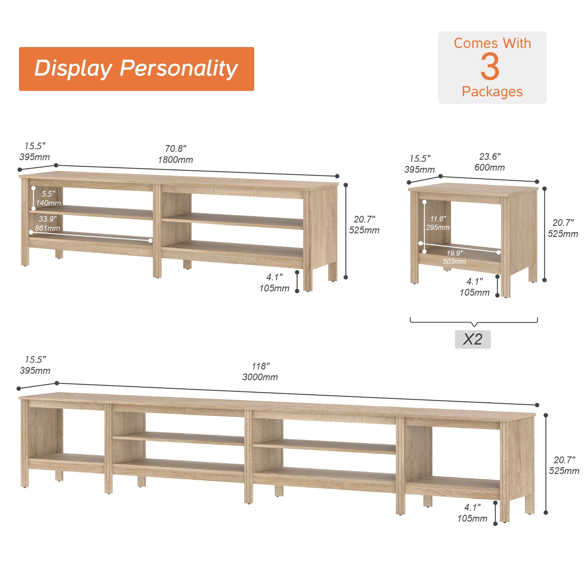 Fitueyes 118" Mid-Century Modern TV Stand for 85-100" TVs, Home Entertainment Center with Open Shelves for Living Room, Oak