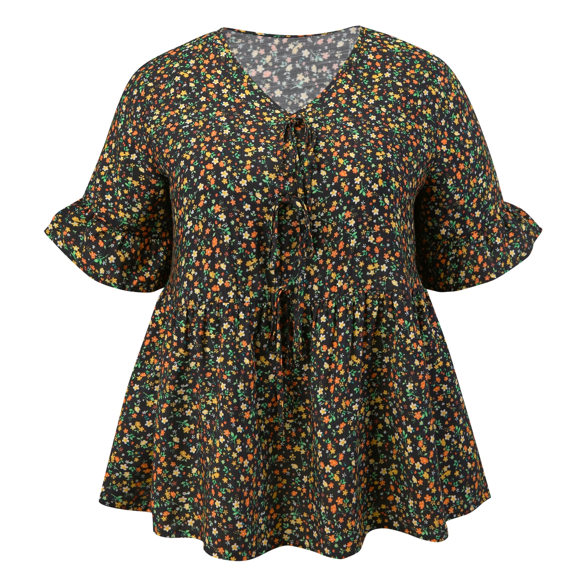 DARING DIVA Women's Plus Ditsy Floral V Neck Tie Front Ruffle Sleeve Blouse 2X Black