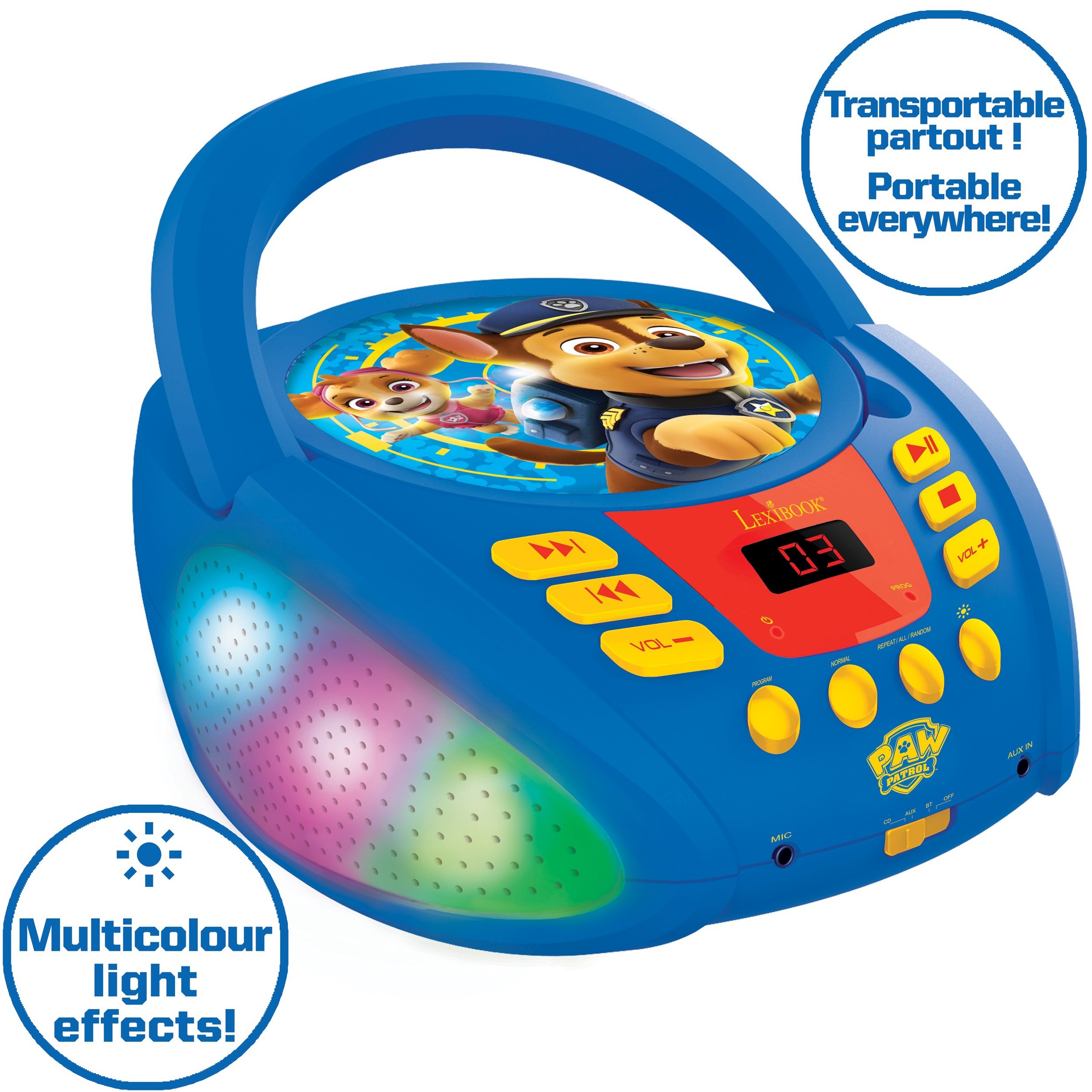Lexibook - Paw Patrol - Bluetooth CD player for kids – Portable, Multicoloured light effects, Microphone jack, Aux-in jack, AC or battery-operated, Girls, Boys, Blue/Red