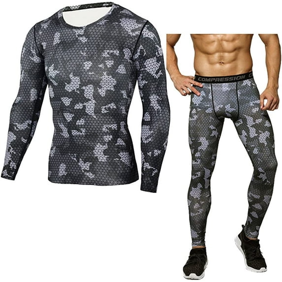 FINDCI Men Tight Sportswear Gym Workout Running Camo Exclusive Sports Suits Indoor Workout Pants Sets(Grey Grid,Large)