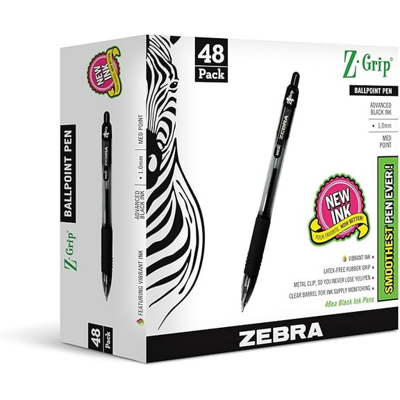 Zebra Pen Z-Grip Retractable Ballpoint Pen, Medium Point, 1.0mm, Black Ink, - 48 Pieces, Model Number: 22148