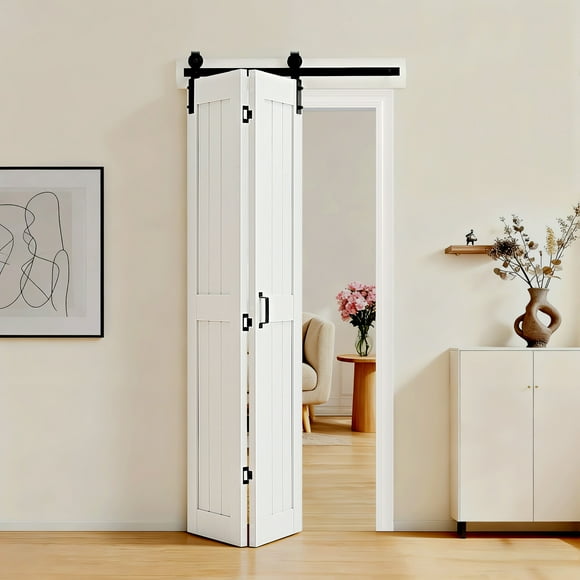 VEVOR Bifold Barn Door, 36" x 84", MDF Bi-Fold Sliding Closet Doors, Header Board and Hardware Kit Included, H-Frame Space-Saving Design, Panels Need to Assemble, Waterproof & Quiet, White