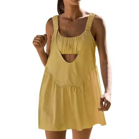 TOWED22 Women Tennis Dress with Built in Shorts and Bra Sleeveless Casual Summer Backless Golf Dress Workout Athletic Dress(Yellow M)