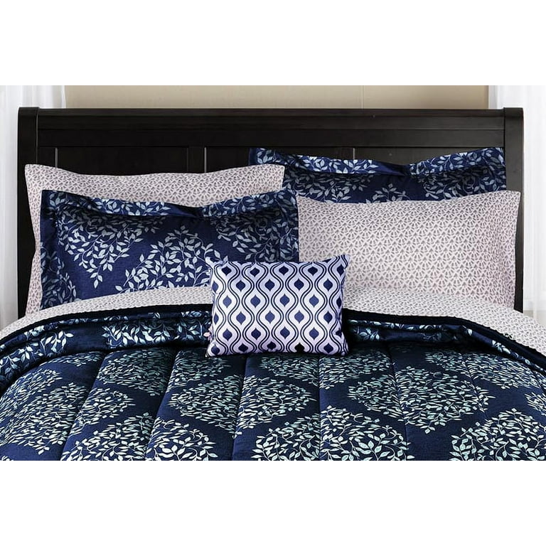 Mainstays Leaf Medallion Bed in a Bag Coordinating Comforter Set Navy Queen Walmart