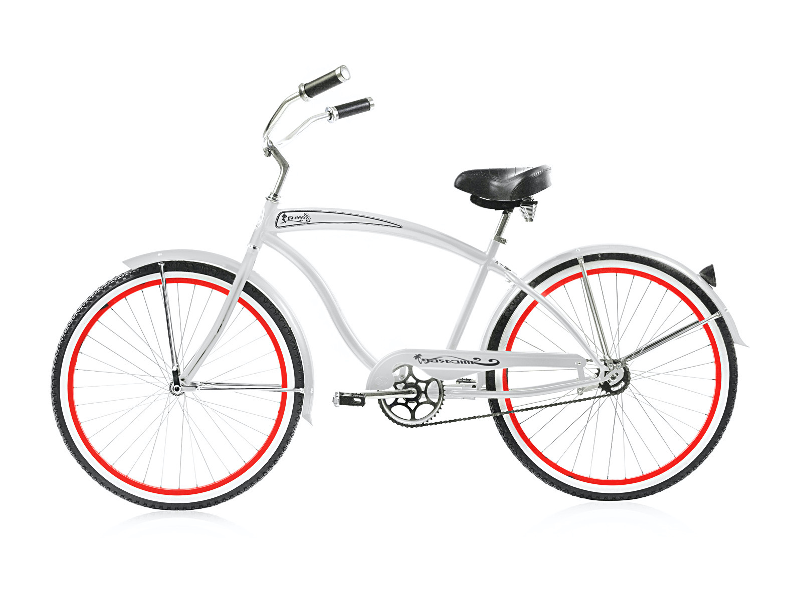 Wonder Wheels 26 In. Beach Cruiser Coaster Brake Single Speed Bicycle, Bike, Stainless Steel Spokes One Piece Crank Alloy Red Rims 36 H With Fenders - White/ Red Rim