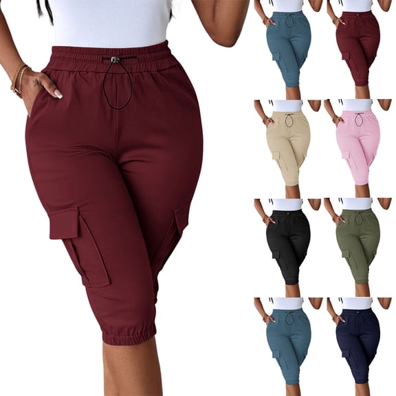 Omexry Maternity Shorts Denim Plus Size Women's Casual Cargo Capris Elastic High Waisted Drawstring Knee Length Pants with Flap Pockets for Summer Daily Wear Black S