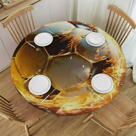QKZF Tablecloth Round Table Cloths Cloth Burning Soccer Ball Table Cover Washable Wrinkle Free Tablecloths for Kitchen Table Decorative Fabric Waterproof Table Covers for Camping Picnic White