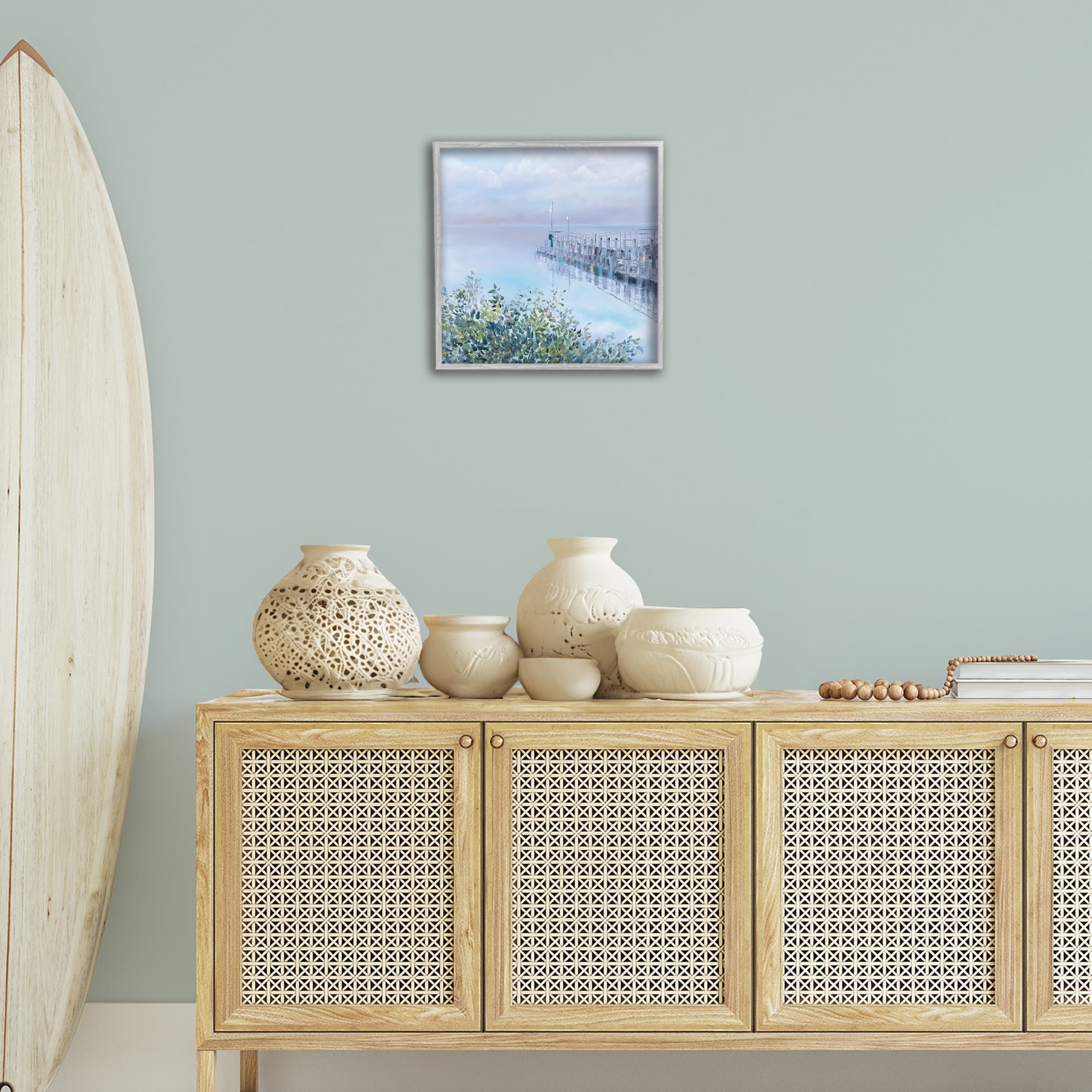 Stupell Industries Foggy Harbor Dock Landscape Painting Gray Framed Art Print Wall Art, 17 x 17