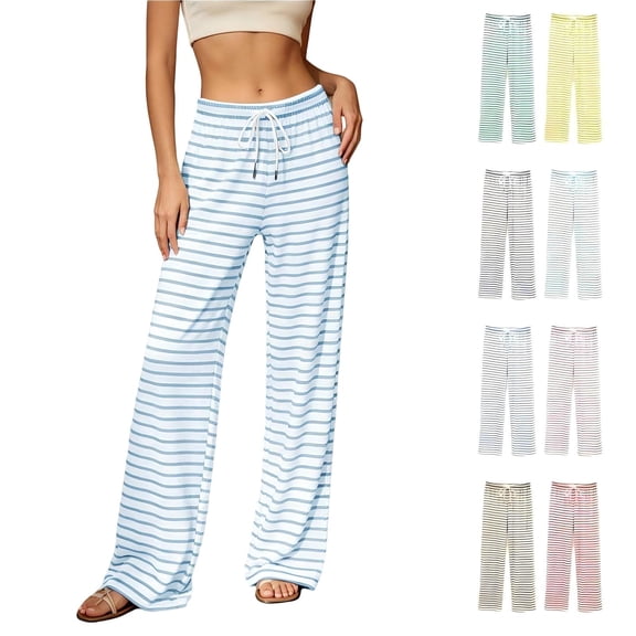 Tqcoqu Women's Striped Palazzo Pants,Wide Leg Lounge Pant,Casual Baggy Elastic Waist Straight Drawstring Trousers