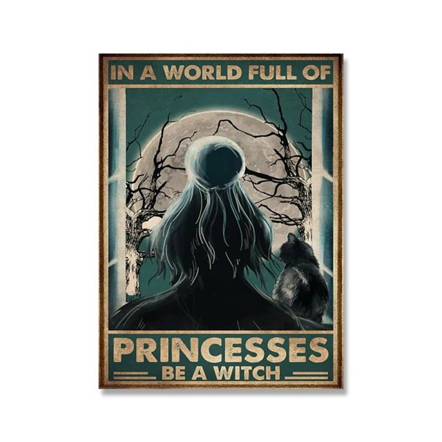 Carteles de Halloween Retro de gato negro de los años 80 en un mundo lleno de princesa Be A Witch, pintura en lienzo, arte de pared Vintage, decoración del hogar para habitación