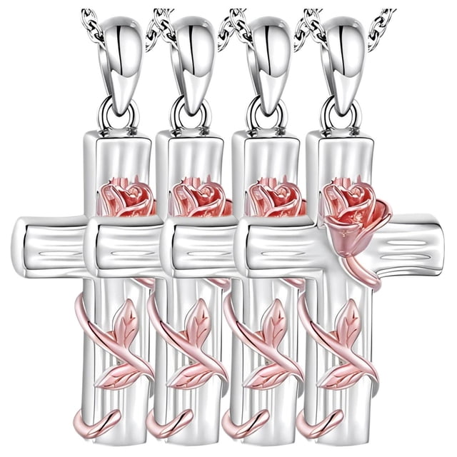 Cadenas Religiosos RoseGrace05 4Pzas Plata Collar Cruz/Rosa Dije 2x3cm Metal.