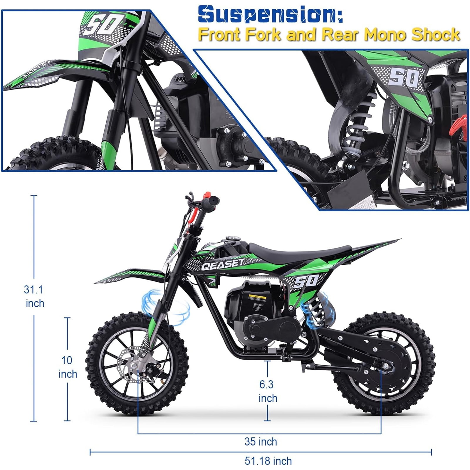 QEASET Gas Mini Dirt Bike, 39.4 CC 4-Stroke Dirt Bike, Rear Shock Absorber, Metal Frame, Disc Brakes, Max Load 165Lbs, Up to 20Mph, No Oil Mix Require, Green