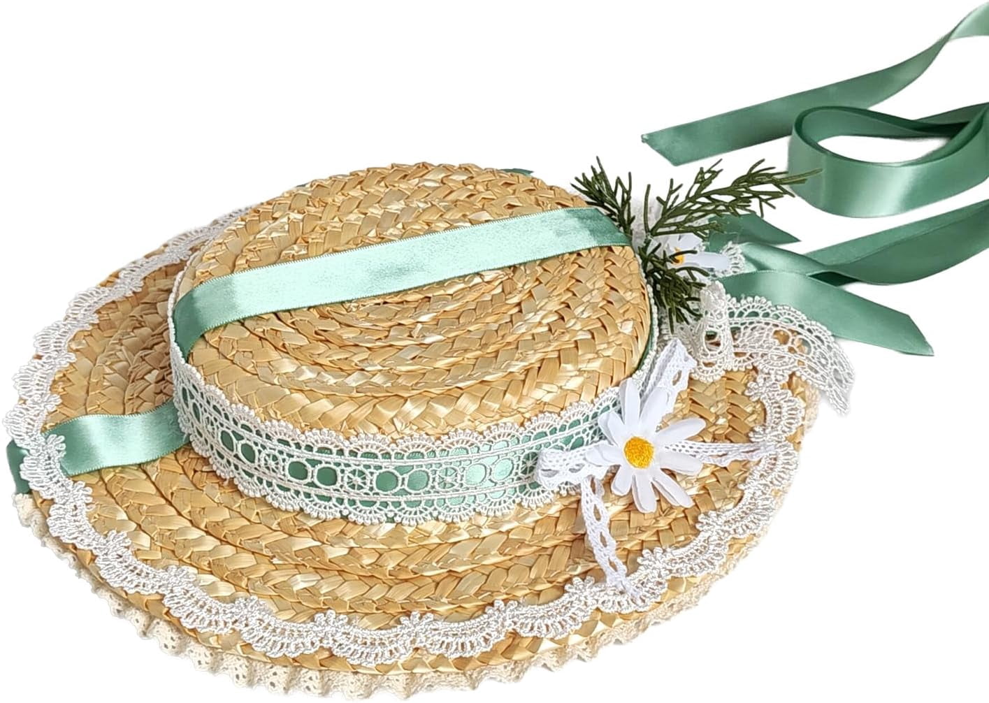 Kukuzhu Girls Women Victorian Tea Party Sun Hat, Lolita Lace Ribbons Straw Flat Hat Wide Brim Flower Bonnet Cap