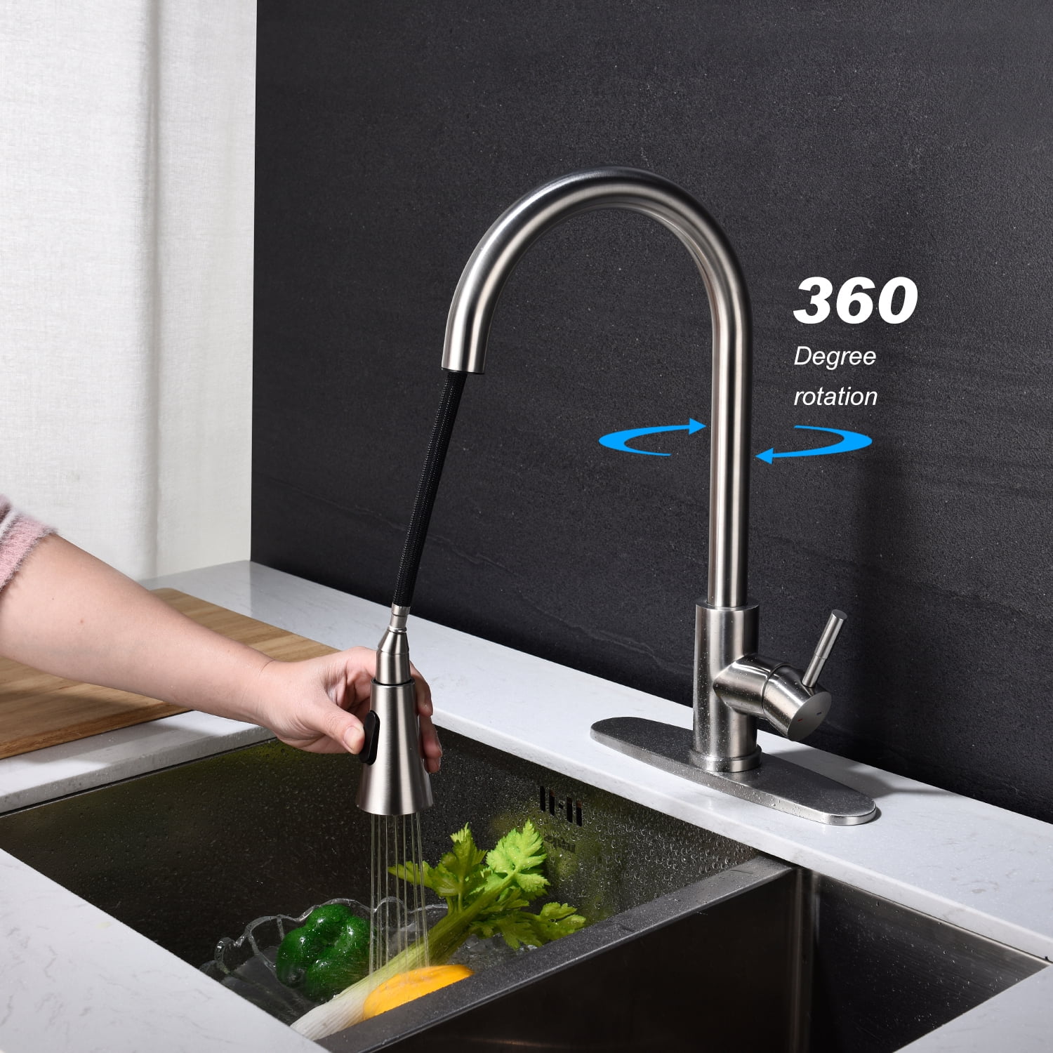 Izzovium Kitchen Faucet with Pull Out Sprayer, 20.5in High Arc Stainless Steel Faucet, 360° Swivel Spout, Brushed Nickel Finish, Single Handle for Easy Temperature Control