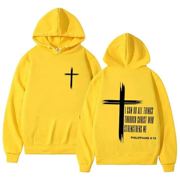 Telankuip I Can Do All Things Through Hoodies for Men Christian Faith Printed Long Sleeve Drawstring Hooded Sweatshirts Who Strengthens Me Loose Comfy Pullover Tops with Pocket Yellow XL