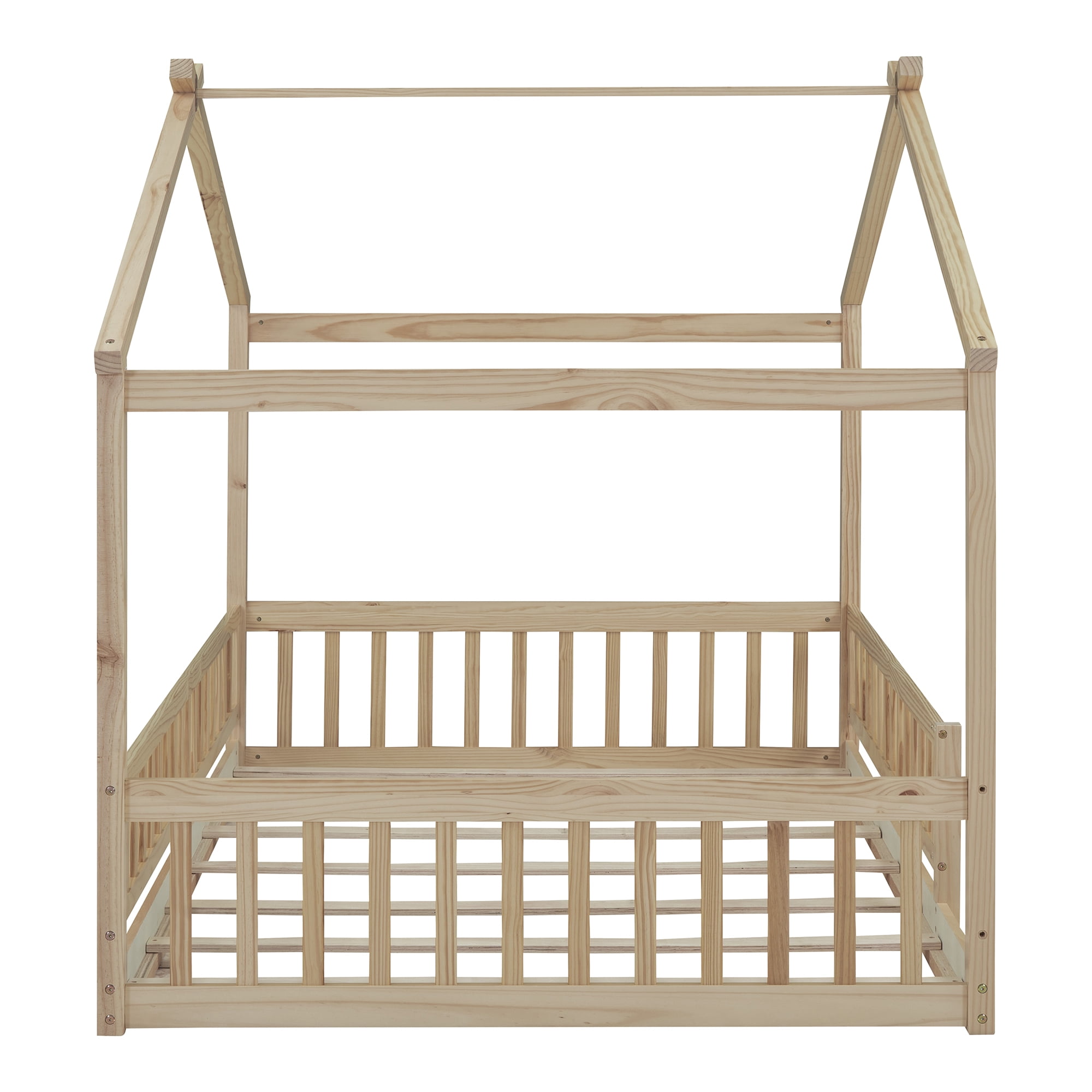Bellemave Full Size House Floor Bed, Wooden Montessori Full Bed with Fence Railings and Support Slats, No Box Spring Needed (Natural)