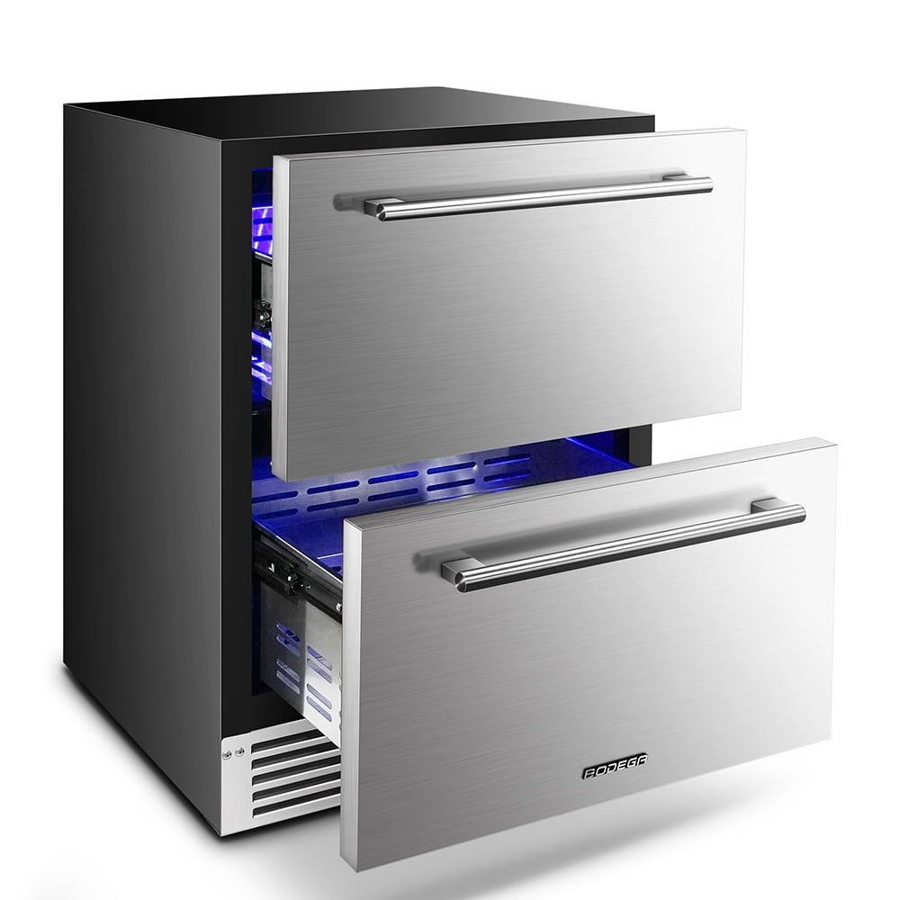 BODEGACOOLER 24in Double Drawer Beverage Refrigerator 149 Cans with Temperature Adjustment for Under Counter Built-in & Freestanding, Weather Proof Dual Zone Wine Cooler Fridge Indoor and Outdoor