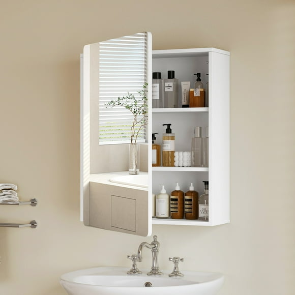 Medicine Cabinet Mirror with 2 Adjustable Shelves, Bathroom Mirror with Storage, Recessed or Wall Mount Bathroom Cabinet, White